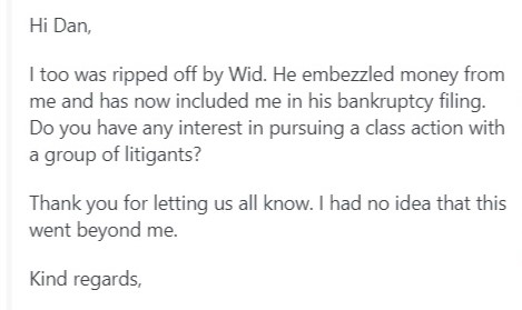 complaint about wid from michael atkins B no name shown